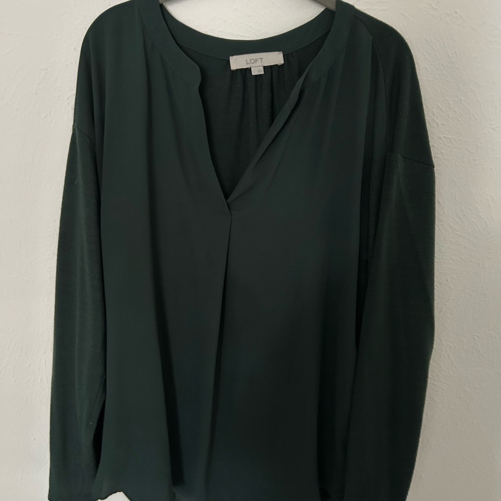 LOFT Deep Green Blouse Mixed fabrics.